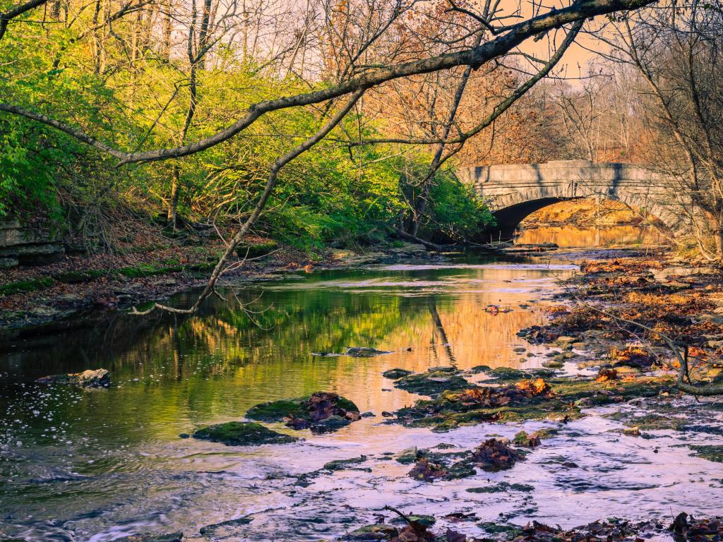 Louisville, Kentucky, USA taken at the Stone bridge over Beargrass Creek at Seneca Park with trees surrounding the river.