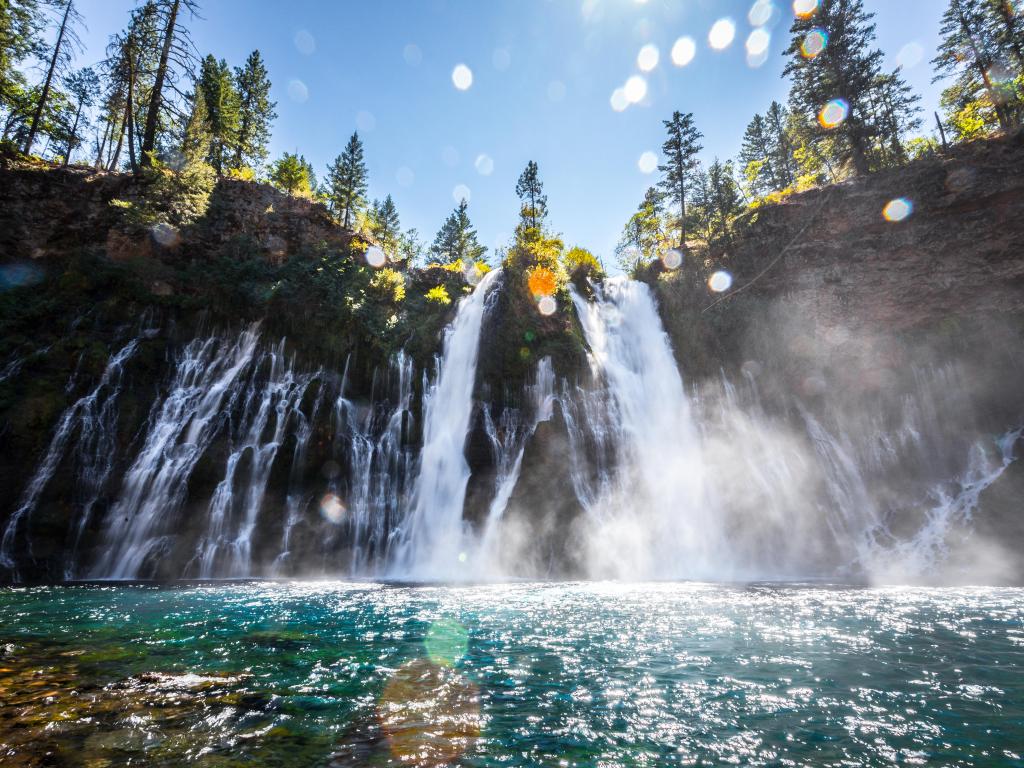 Burney Falls in the forest on a sunny day