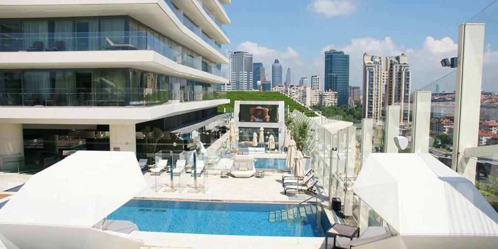 The terrace pool outside Raffles Hotel in Istanbul, Turkey