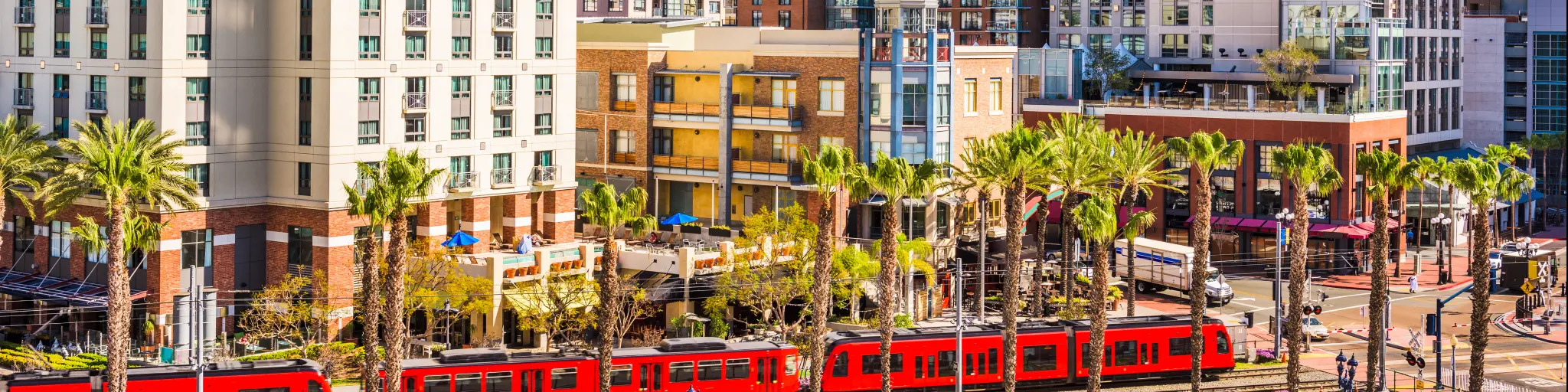 A classic red trolley in San Diego's Gaslamp neighborhood.