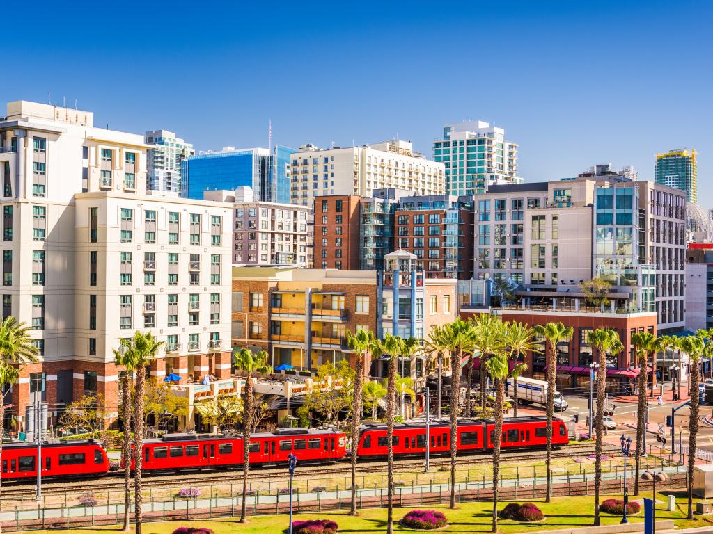 A classic red trolley in San Diego's Gaslamp neighborhood.