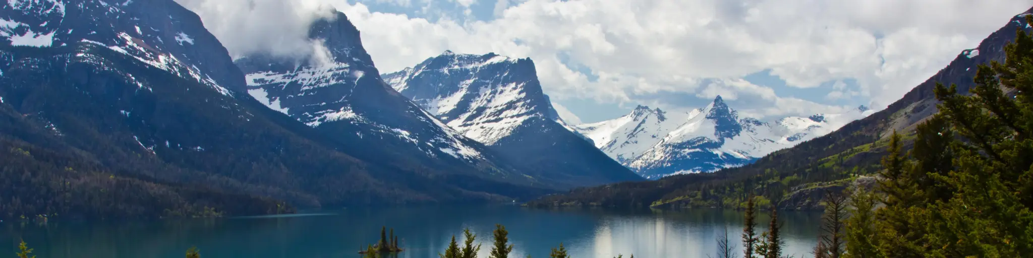 St Mary Lake with snow-capped mountains in the background
