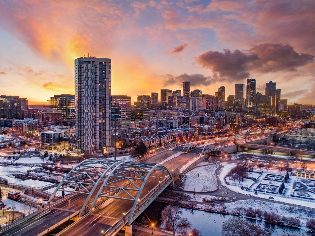 Downtown Denver, Colorado, USA Downtown Drone Skyline Aerial.