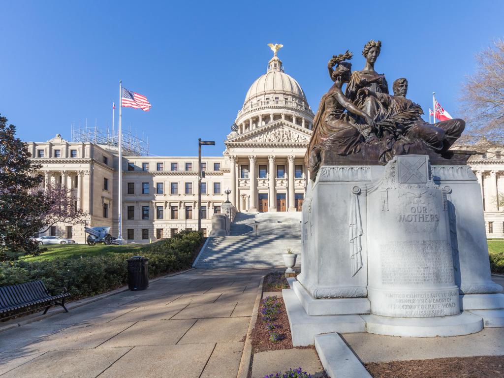 Jackson, Mississippi, USA taken at the Mississippi State Capitol and Our Mothers Monument on a sunny day.