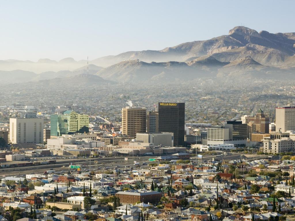 El Paso, Texas, USA with a panoramic view of skyline El Paso Texas looking toward Juarez, Mexico with fog in the distance.