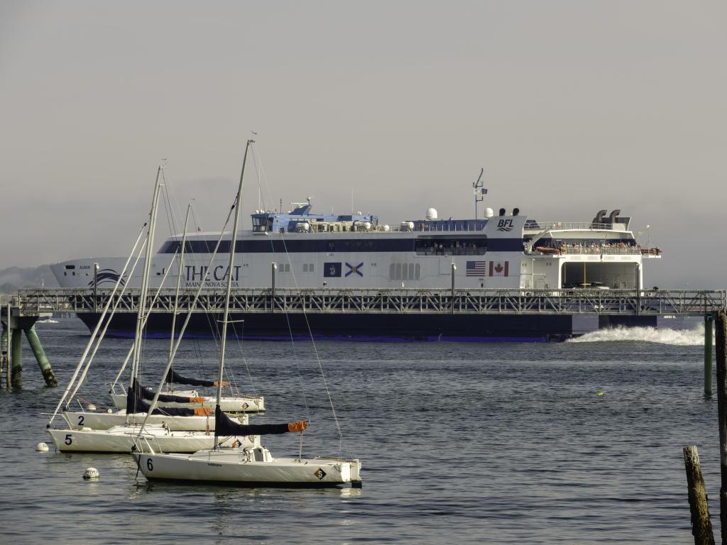 High speed ferry from Maine to Nova Scotia sailing on a dark day