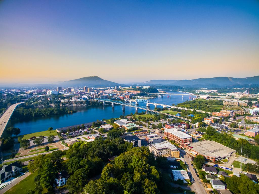 Chattanooga, Tennessee, USA taken at the downtown riverfront as an aerial view on a  sunny day.