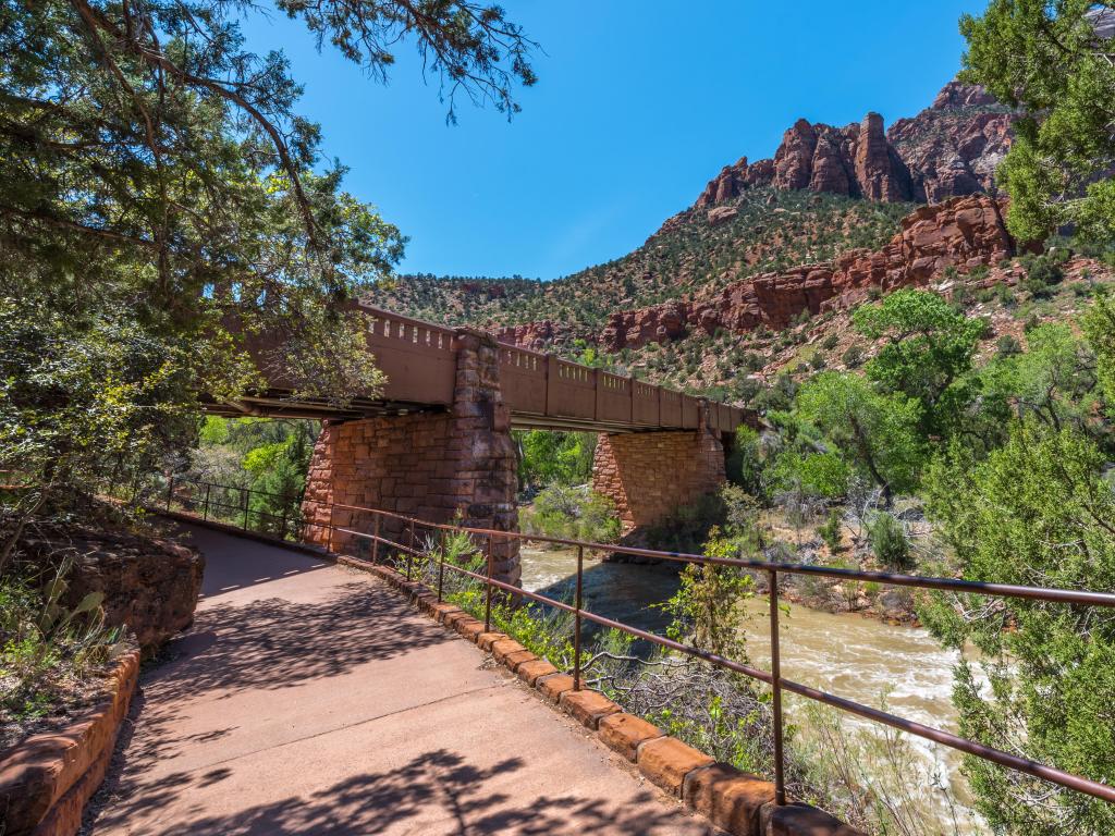View on the Virgin River hiking trail with the red canyons of Zion National Park in Utah in background , Canyon Junction Bridge on Mount Carmel Highway