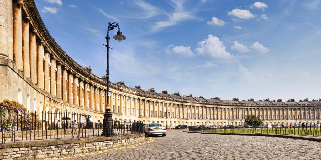 A view around the Royal Crescent in Bath on a sunny day 