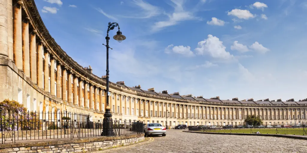 A view around the Royal Crescent in Bath on a sunny day 