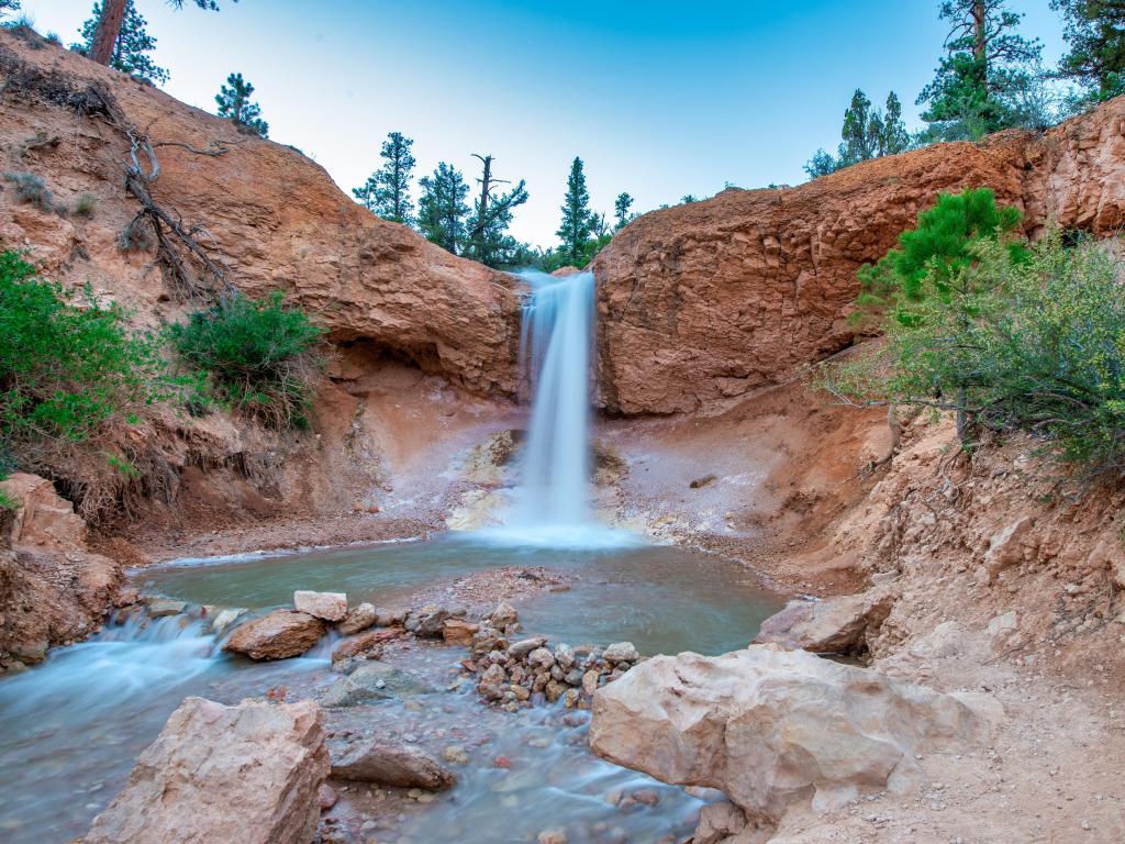Beautiful waterfalls in Bryce Canyon National Park on a sunny day