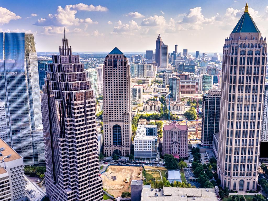 Atlanta, Georgia, USA taken as an aerial view downtown city skyline.