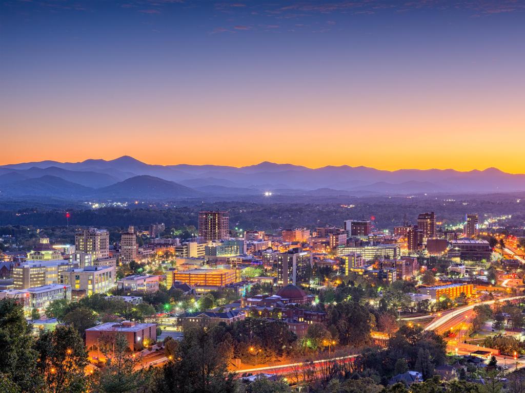 Asheville, North Carolina, USA downtown skyline at dusk.