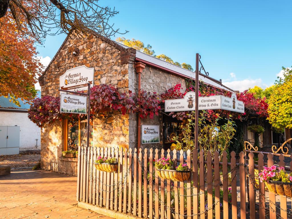 German village shopfront view during autumn season at sunset