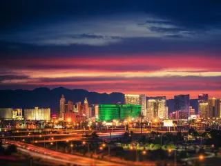 Las Vegas, Nevada, USA with the city skyline at scenic dusk with colorful lights on the buildings.