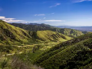 San Bernardino Valley, San Bernardino Mountains, California, USA with a colorful view of valley from the San Bernardino Mountains on a sunny day showing the Rim of the World Scenic Byway.