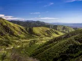San Bernardino Valley, San Bernardino Mountains, California, USA with a colorful view of valley from the San Bernardino Mountains on a sunny day showing the Rim of the World Scenic Byway.