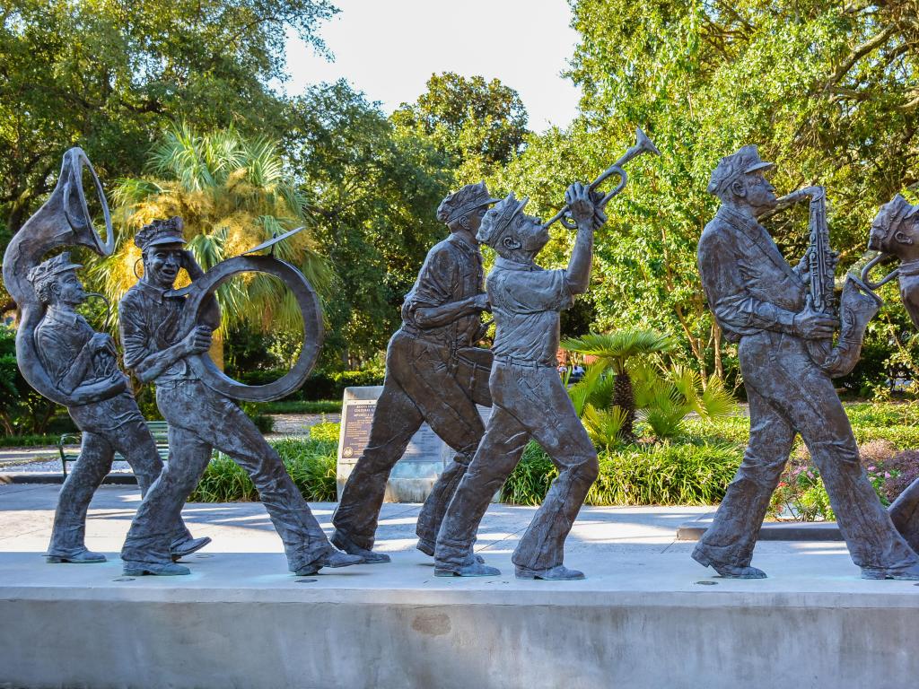 Sculptures of celebrated musicians in the Roots of Music Cultural Sculpture Garden in Armstrong Park, New Orleans.