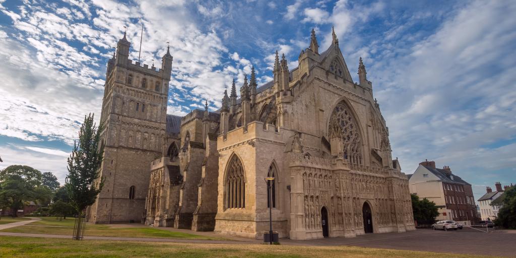 Exeter Cathedral against a blue sky 