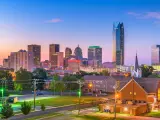 View across Oklahoma City downtown skyline at twilight.