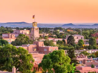 Santa Fe, New Mexico, USA downtown skyline at dusk.