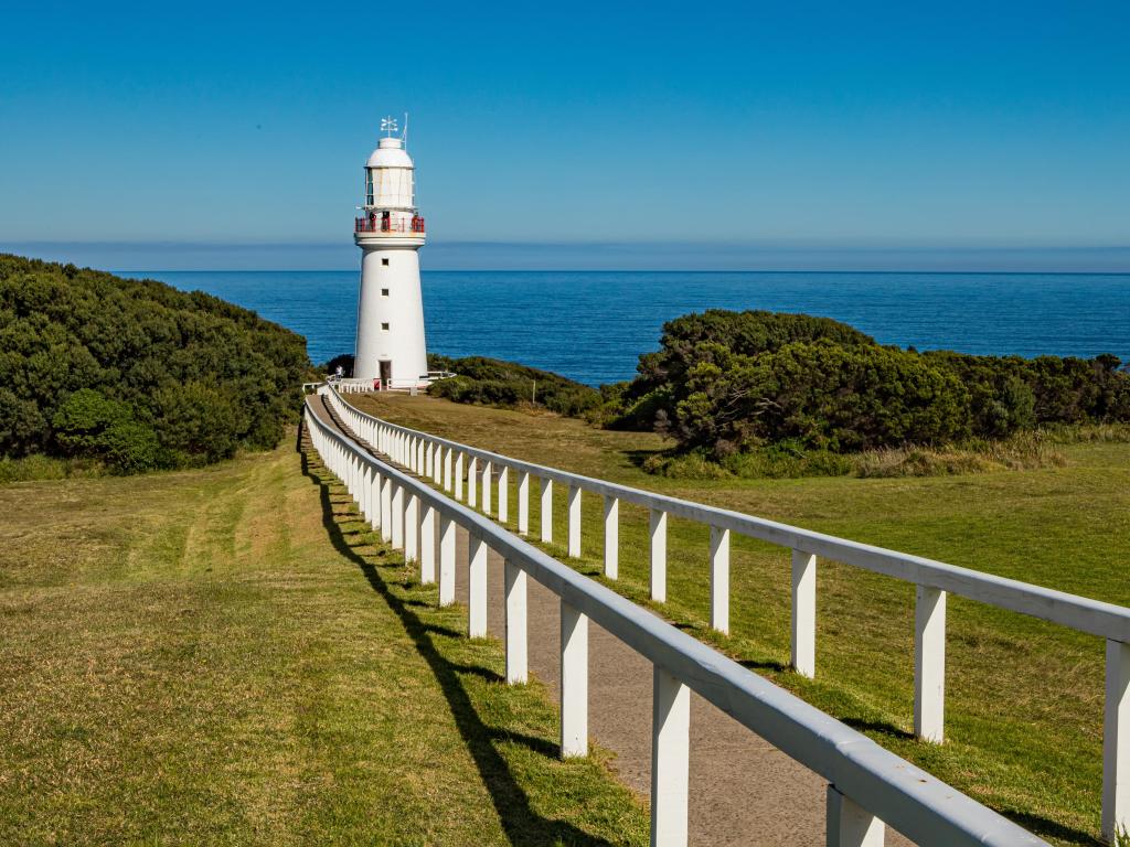 View of The Cape Otway Lightstation against sunny and clear skies, Great Ocean Road, Australia