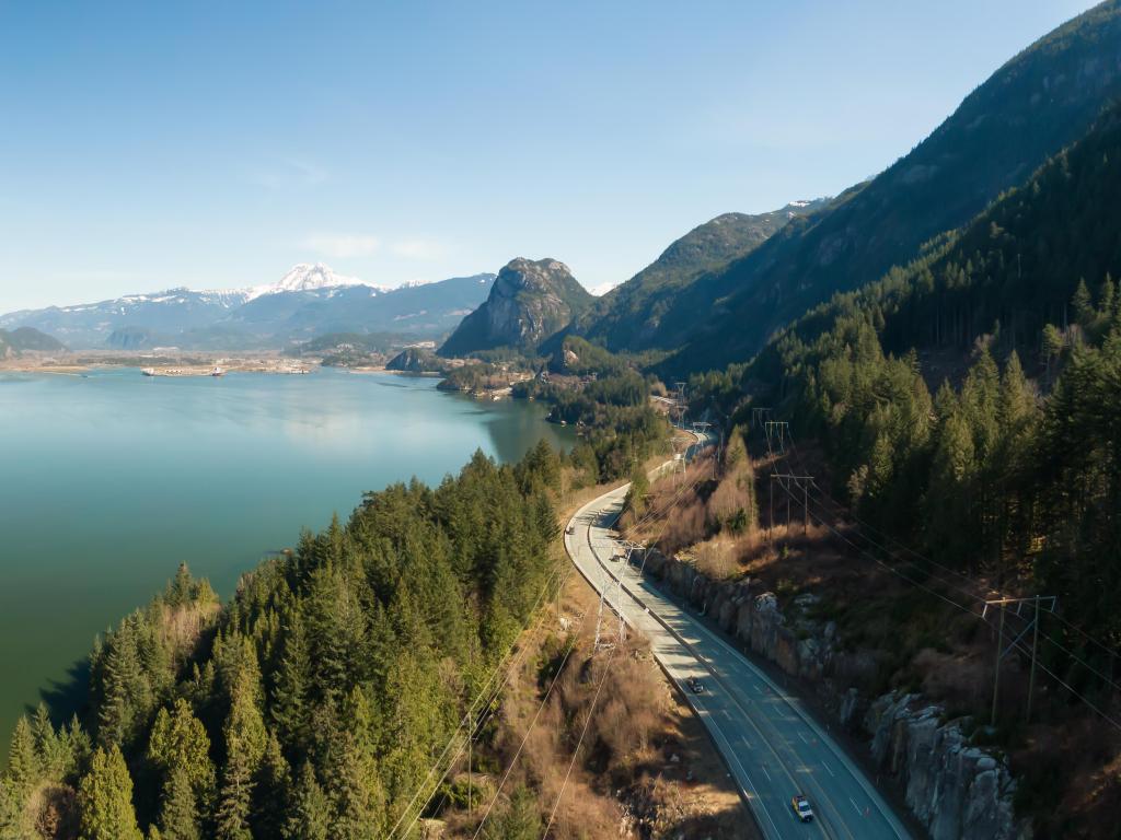 Aerial panoramic view of Sea to Sky Highway. Taken near Squamish, North of Vancouver, British Columbia, Canada.