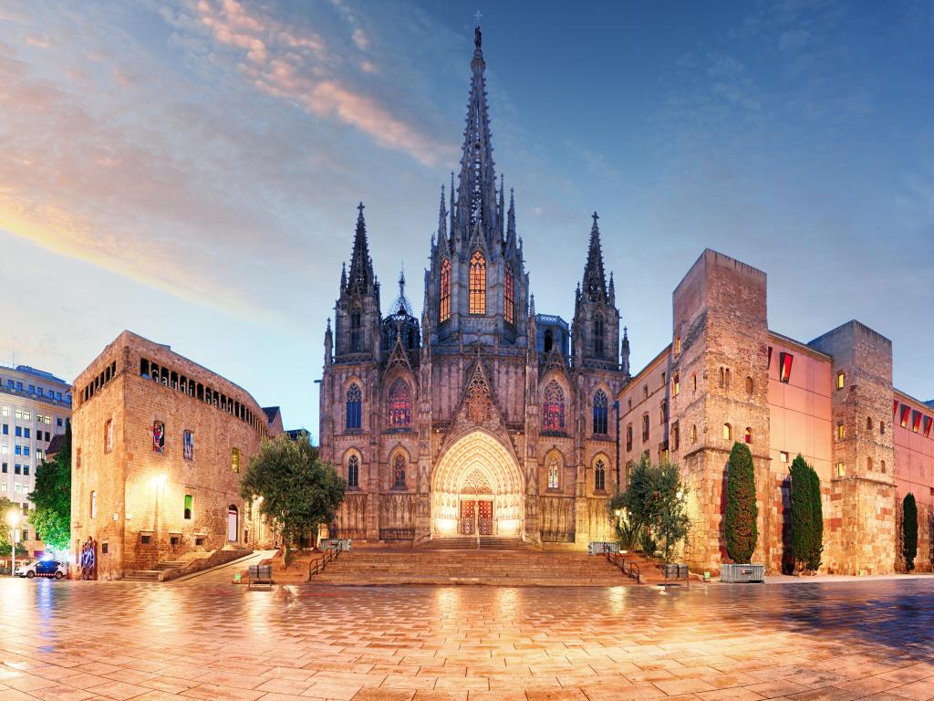 Gothic Barcelona Cathedral at night, Spain.