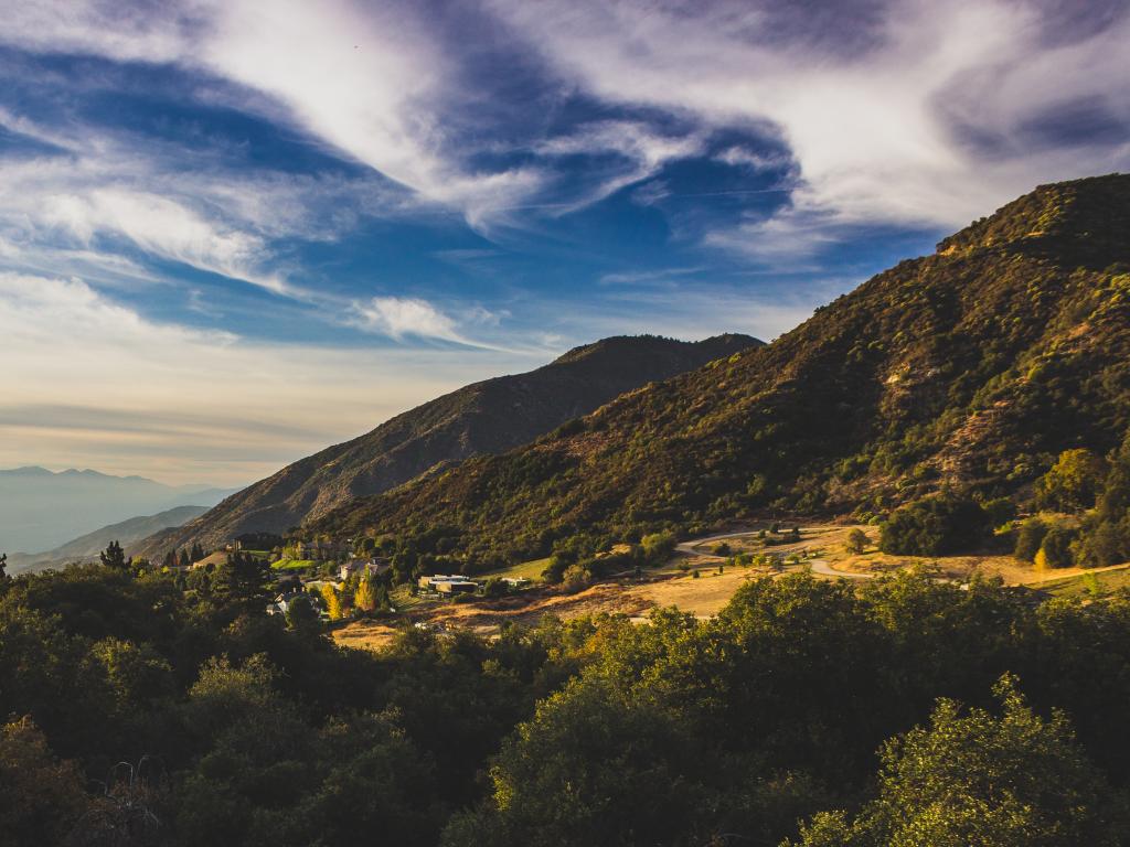 View of the San Bernardino Mountains from Oak Glen at sunset in California