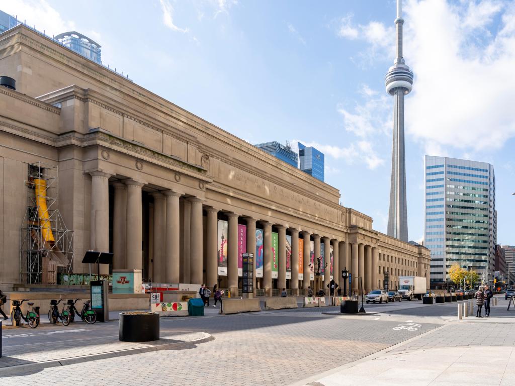 Union Station with CN tower in background in Toronto. Union Station is a major railway station.