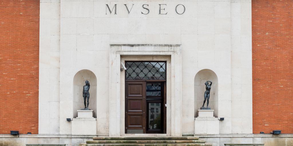 Stair and statues at the entrance to the Museo de Bellas Artes in Bilbao, Spain