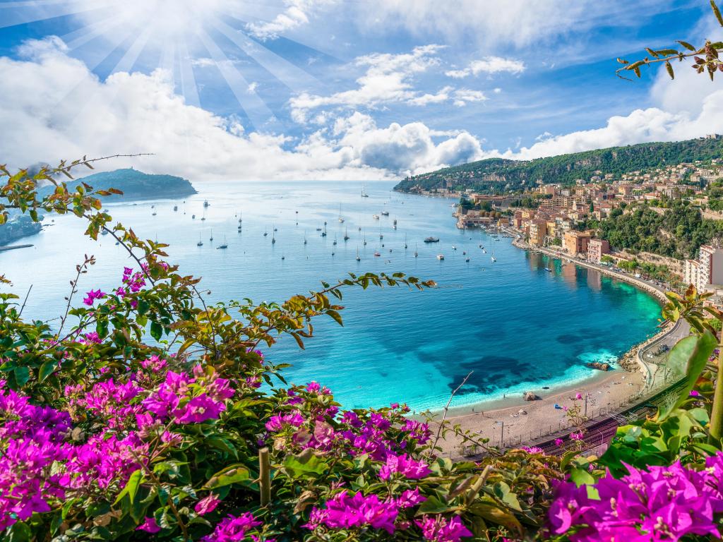 Aerial view of French Riviera coast with medieval town Villefranche sur Mer, Nice region, France