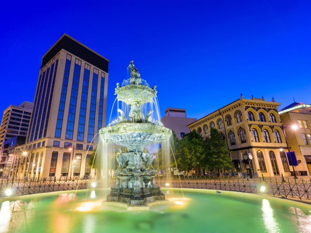 Fountain and cityscape with high rise buildings in Montgomery, Alabama