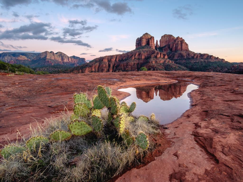 Cathedral Rock and other Red Rocks of Sedona at sunset.