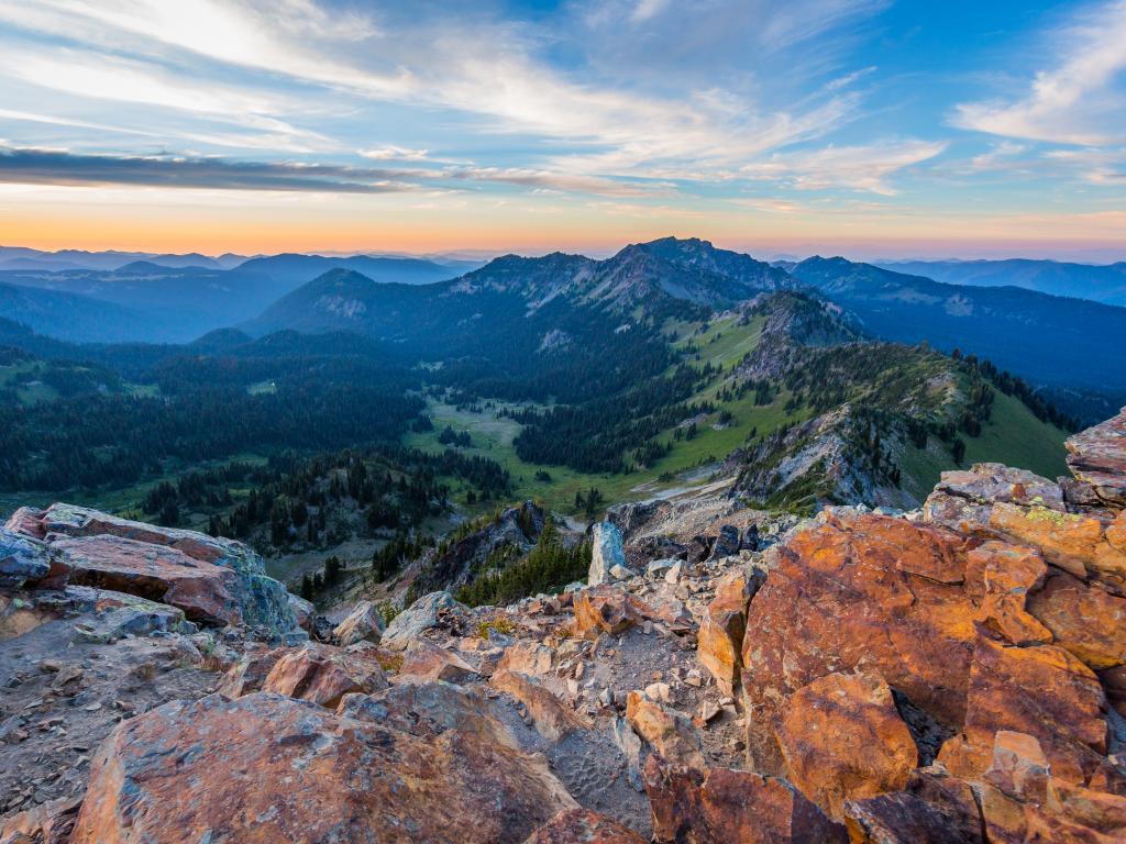 A fantastic sunset in the mountains at Sourdough Ridge Trail Mount Rainier National Park.