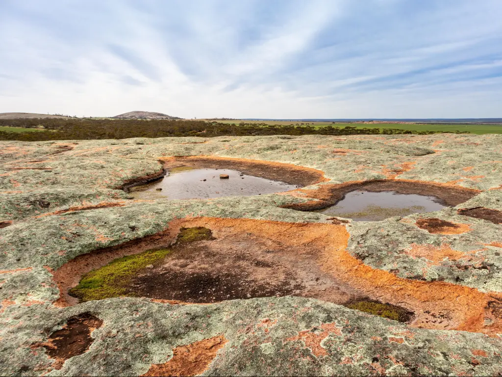 Gawler Ranges National Park, Eyre Peninsula, South Australia with waterholes full of rain water on top of a granite rock taken on a clear sunny day.