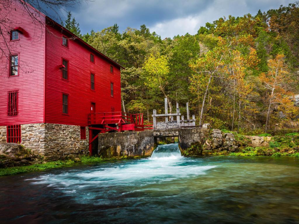 Alley Mill, a red wooden historic building on the Ozark National Scenic Riverways