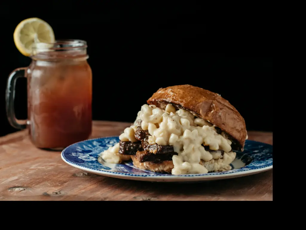 Brisket Mac and Cheese sandwich in traditional east Texas BBQ style