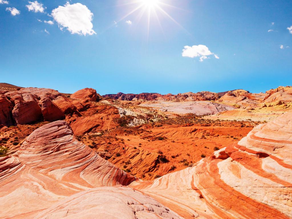 Valley of Fire State Park, Nevada, USA with the red cliffs against a blue background.