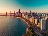 Chicago's skyline during sunrise, on the shore of Lake Michigan