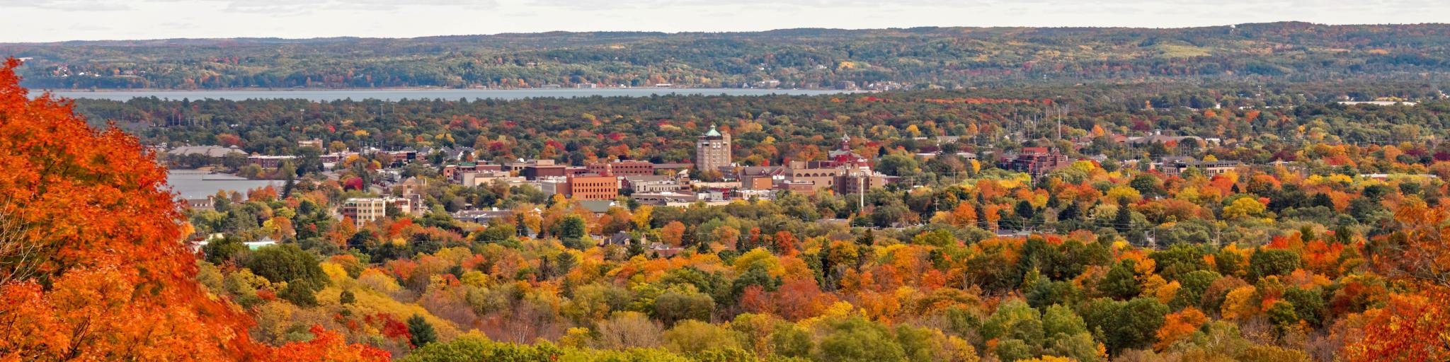 Landscape of Traverse city in Autumn, surrounded by golden trees and the bright clear sky