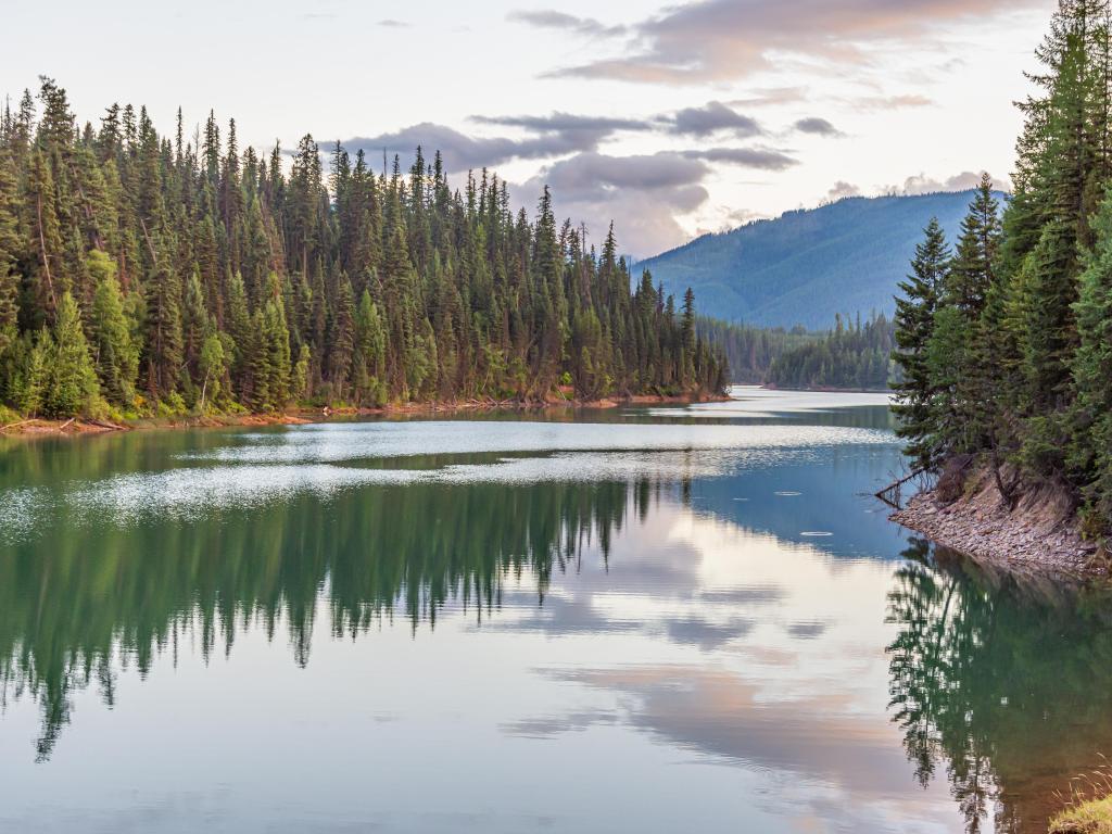 Hungry Horse Reservoir, Montana, USA taken at sunset with beautiful mountains, tall trees, and calm, glassy water with reflections of the amazing landscape.