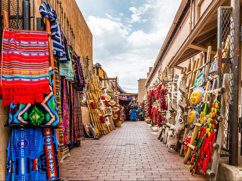 One of many outdoor markets, bazaars and shops around the plaza in downtown Santa Fe, New Mexico.
