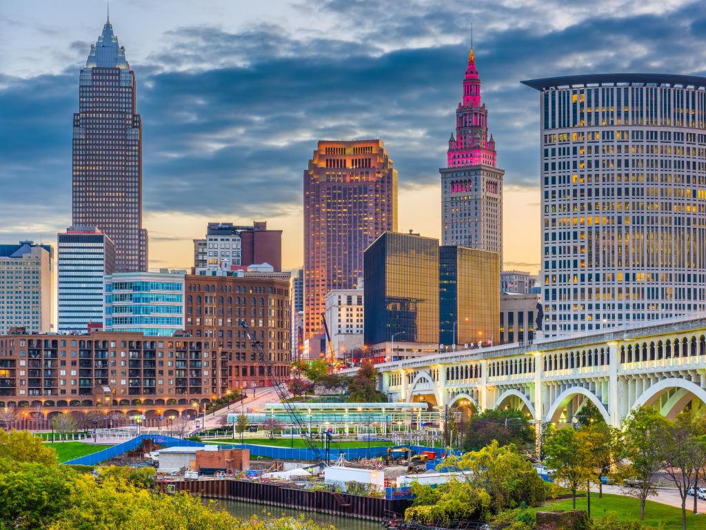 Cleveland, Ohio, USA downtown city skyline on the Cuyahoga River at twilight.