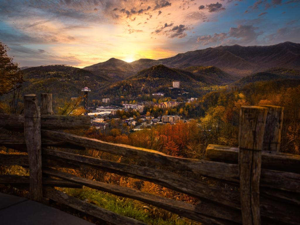 Gatlinburg, USA overlook during brilliant sunset.