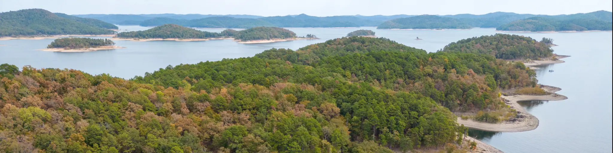 Aerial view of landscape of the surface of the water of Broken Bow lake, Oklahoma, USA
