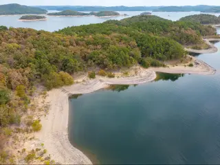 Aerial view of landscape of the surface of the water of Broken Bow lake, Oklahoma, USA