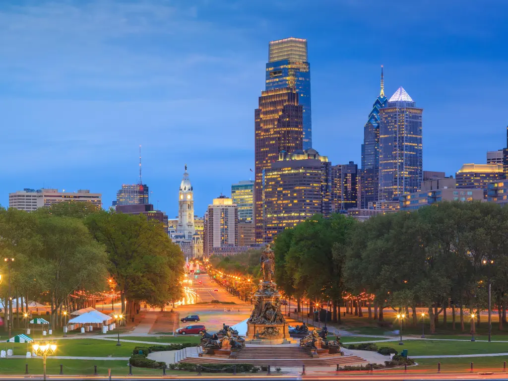 Philadelphia, USA with the city skyline at night.