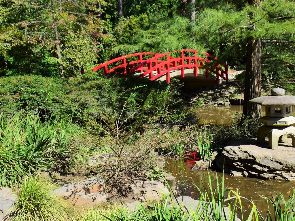 A view of the Iris Bridge and parkland and lake at Sarah P. Duke Gardens, Duke University, North Carolina.