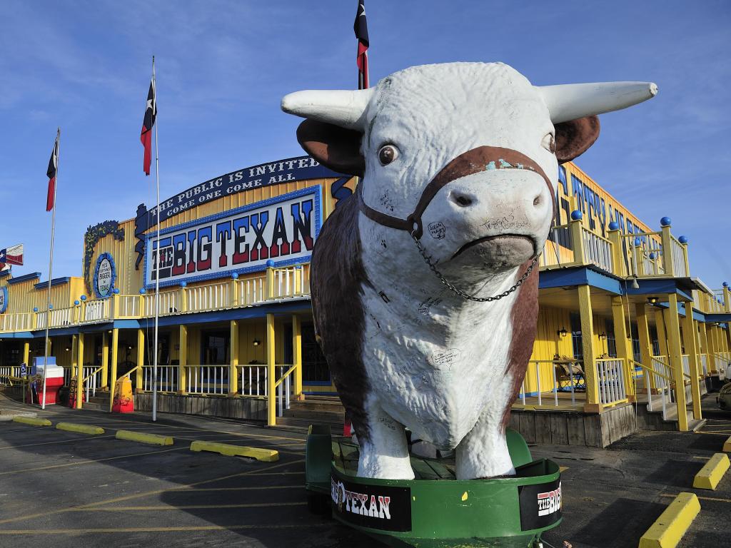 The renowned Big Texan Steak Ranch, a combination of a steakhouse restaurant and motel in Amarillo, Texas, originally opened its doors on the former U.S. Route 66.